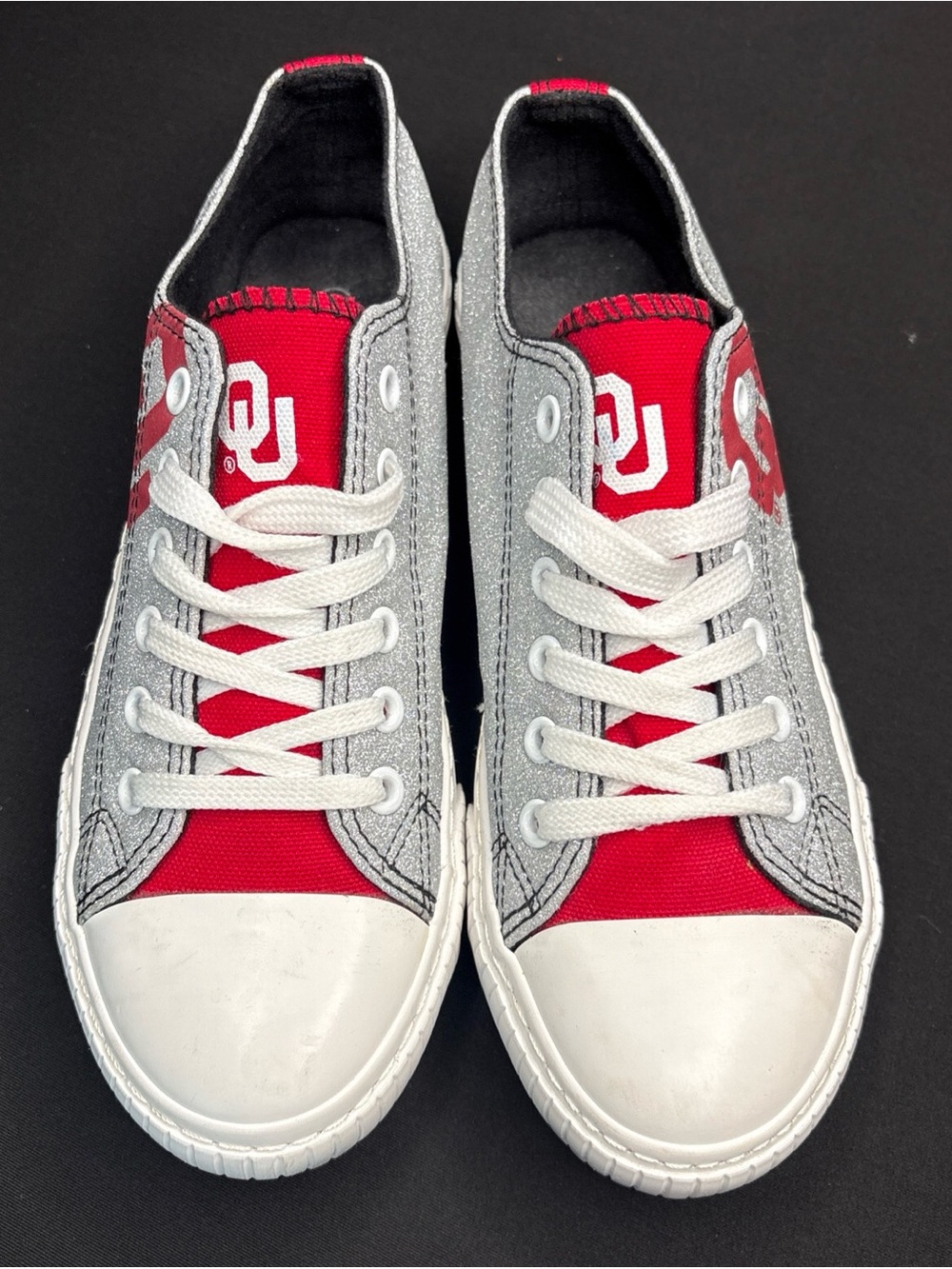 OU Logo Women's Low-Top Sneakers in Red and Silver- Go Sooners!